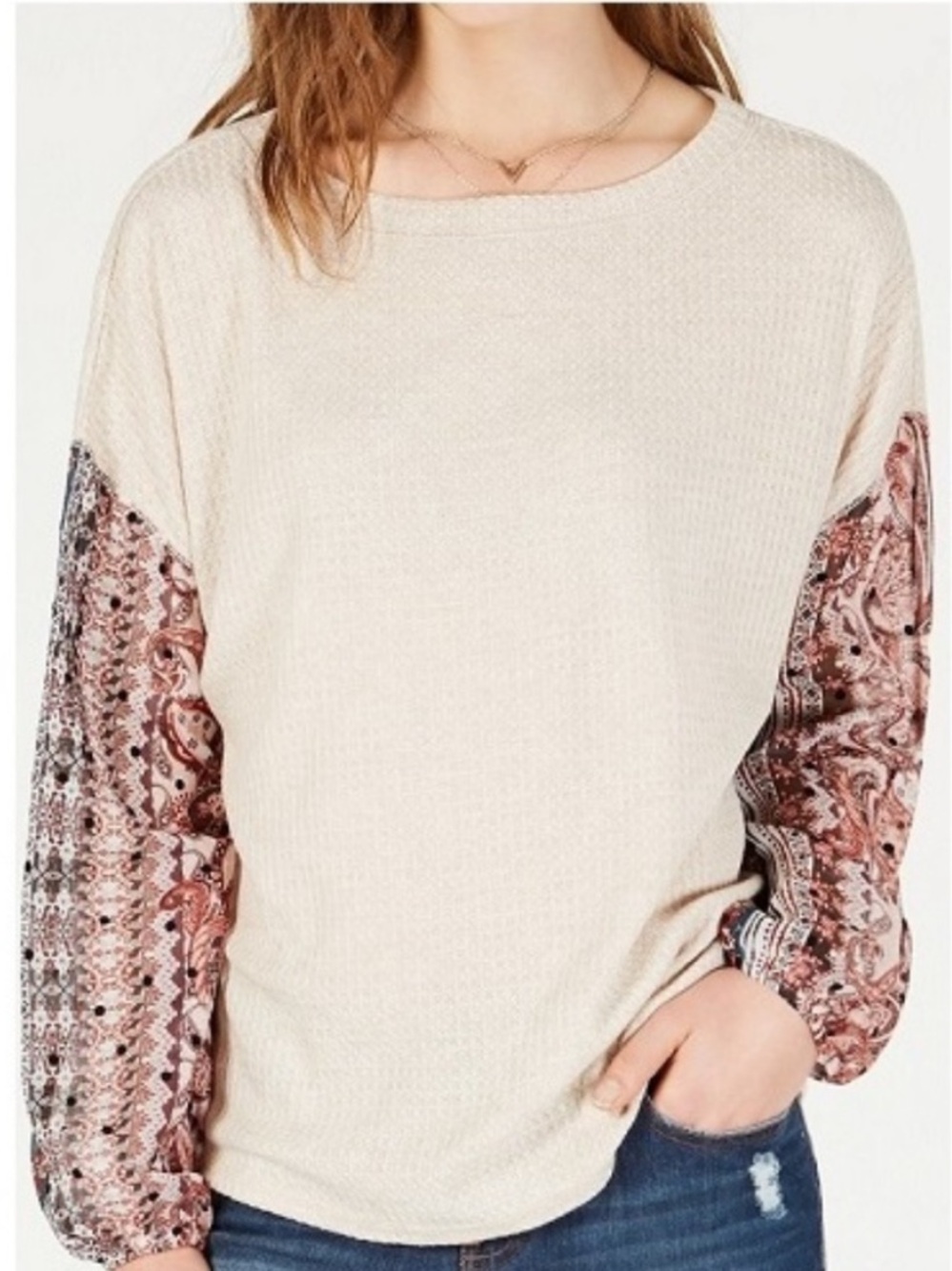 Gypsies & Moondust Mixed Media Paisley and Beige Long Sleeve Top Size Large